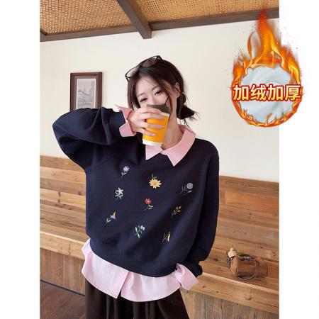 FA48232# 假两件卫衣女新款加绒秋冬卡通刺绣花宽松POLO领保暖上衣 服裝批發女裝批發服飾貨源