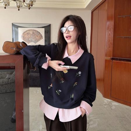 FA48232# 假两件卫衣女新款加绒秋冬卡通刺绣花宽松POLO领保暖上衣 服裝批發女裝批發服飾貨源