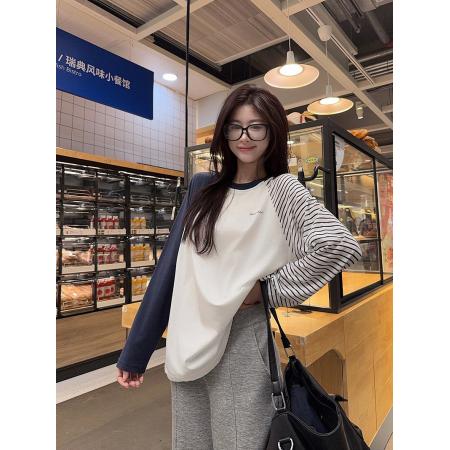 FA48233# 纯棉长袖t恤打底衫女薄款条纹插肩袖潮春秋新款宽松圆领上衣 服裝批發女裝批發服飾貨源