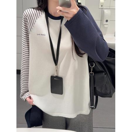 FA48233# 纯棉长袖t恤打底衫女薄款条纹插肩袖潮春秋新款宽松圆领上衣 服裝批發女裝批發服飾貨源