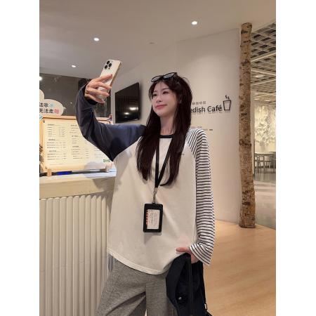 FA48233# 纯棉长袖t恤打底衫女薄款条纹插肩袖潮春秋新款宽松圆领上衣 服裝批發女裝批發服飾貨源