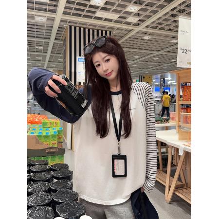 FA48233# 纯棉长袖t恤打底衫女薄款条纹插肩袖潮春秋新款宽松圆领上衣 服裝批發女裝批發服飾貨源