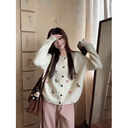 FA48234# 绵羊绒毛衣女装秋冬新款短款宽松开衫外套圆领保暖针织衫 服裝批發女裝批發服飾貨源