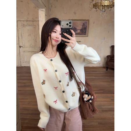 FA48234# 绵羊绒毛衣女装秋冬新款短款宽松开衫外套圆领保暖针织衫 服裝批發女裝批發服飾貨源