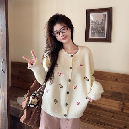 FA48234# 绵羊绒毛衣女装秋冬新款短款宽松开衫外套圆领保暖针织衫 服裝批發女裝批發服飾貨源