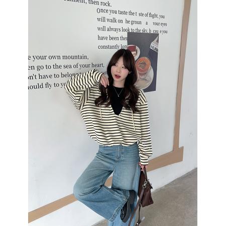 FA48235# 大码女装卫衣秋季薄款潮新款假两件条纹连帽宽松韩版上衣 服裝批發女裝批發服飾貨源