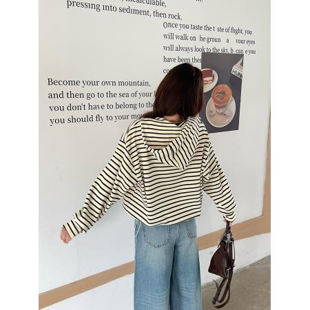FA48235# 大码女装卫衣秋季薄款潮新款假两件条纹连帽宽松韩版上衣 服裝批發女裝批發服飾貨源