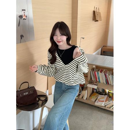 FA48235# 大码女装卫衣秋季薄款潮新款假两件条纹连帽宽松韩版上衣 服裝批發女裝批發服飾貨源