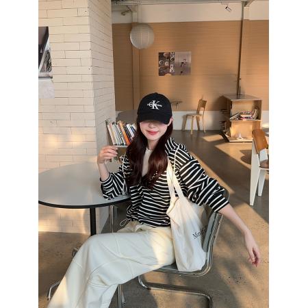 FA48235# 大码女装卫衣秋季薄款潮新款假两件条纹连帽宽松韩版上衣 服裝批發女裝批發服飾貨源