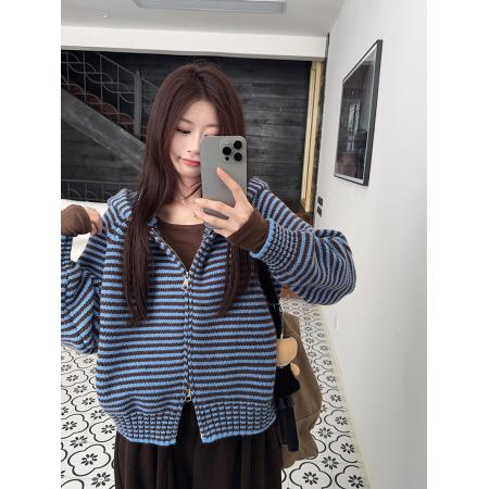 FA48236# 北极绒长袖上衣针织衫女冬条纹拉链开衫外套连帽保暖毛衣 服裝批發女裝批發服飾貨源