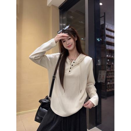 FA48237# 糯米绒长袖t恤打底衫女薄款潮春秋纯色新款宽松连帽上衣 服裝批發女裝批發服飾貨源