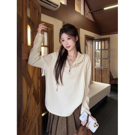 FA48237# 糯米绒长袖t恤打底衫女薄款潮春秋纯色新款宽松连帽上衣 服裝批發女裝批發服飾貨源