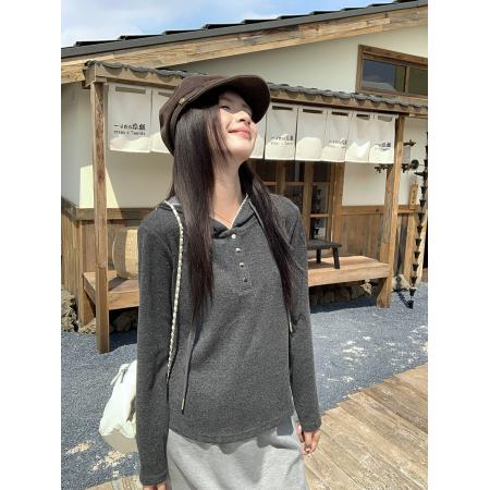 FA48237# 糯米绒长袖t恤打底衫女薄款潮春秋纯色新款宽松连帽上衣 服裝批發女裝批發服飾貨源