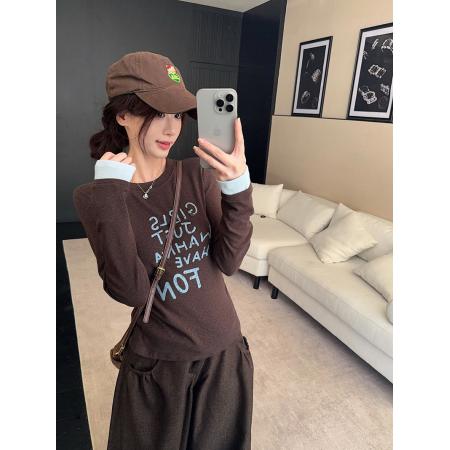 FA48238# 雪花羊绒长袖t恤打底衫女薄款春秋撞色新款宽松圆领上衣 服裝批發女裝批發服飾貨源