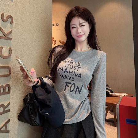 FA48238# 雪花羊绒长袖t恤打底衫女薄款春秋撞色新款宽松圆领上衣 服裝批發女裝批發服飾貨源