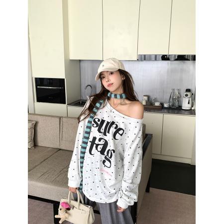 FA48239# 大鱼鳞长袖t恤卫衣女薄新款春秋设计感波点字母斜领上衣 服裝批發女裝批發服飾貨源