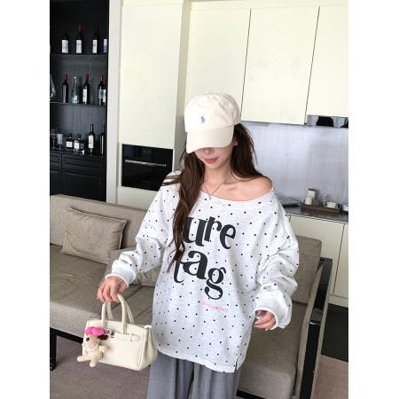 FA48239# 大鱼鳞长袖t恤卫衣女薄新款春秋设计感波点字母斜领上衣 服裝批發女裝批發服飾貨源