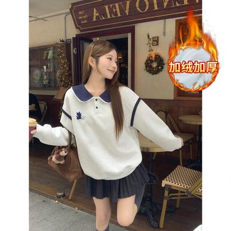 FA48240# 加绒卫衣秋冬新款初中生学生中长宽松刺绣娃娃领保暖上衣 服裝批發女裝批發服飾貨源