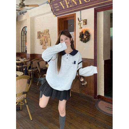 FA48240# 加绒卫衣秋冬新款初中生学生中长宽松刺绣娃娃领保暖上衣 服裝批發女裝批發服飾貨源