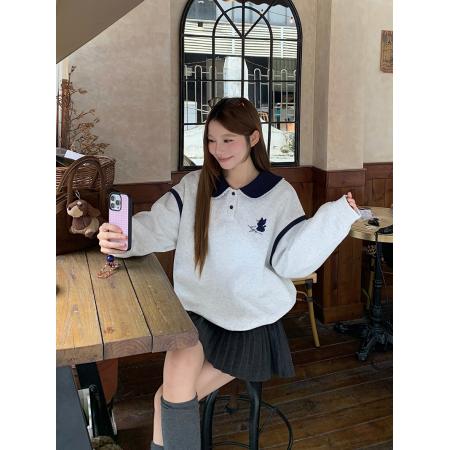 FA48240# 加绒卫衣秋冬新款初中生学生中长宽松刺绣娃娃领保暖上衣 服裝批發女裝批發服飾貨源