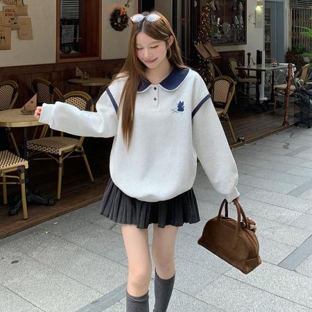 FA48240# 加绒卫衣秋冬新款初中生学生中长宽松刺绣娃娃领保暖上衣 服裝批發女裝批發服飾貨源