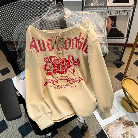 FA48242# 长袖t恤卫衣女薄款潮新款春秋印花复古绑带宽松斜领上衣 服裝批發女裝批發服飾貨源