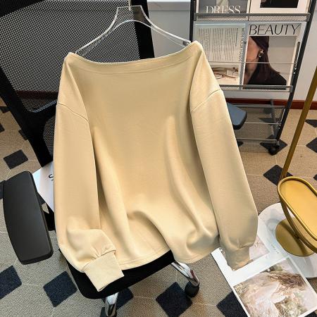 FA48242# 长袖t恤卫衣女薄款潮新款春秋印花复古绑带宽松斜领上衣 服裝批發女裝批發服飾貨源