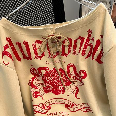 FA48242# 长袖t恤卫衣女薄款潮新款春秋印花复古绑带宽松斜领上衣 服裝批發女裝批發服飾貨源