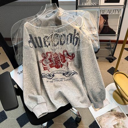 FA48242# 长袖t恤卫衣女薄款潮新款春秋印花复古绑带宽松斜领上衣 服裝批發女裝批發服飾貨源