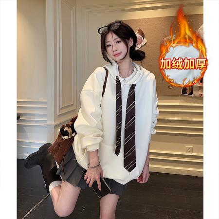 FA48243# 大码女装加绒卫衣女秋冬新款潮格纹领带纯色宽松连帽保暖上衣 服裝批發女裝批發服飾貨源