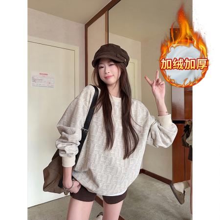 FA48244# 华夫格复合真超卫衣男女秋冬几何格子宽松圆领保暖上衣 服裝批發女裝批發服飾貨源