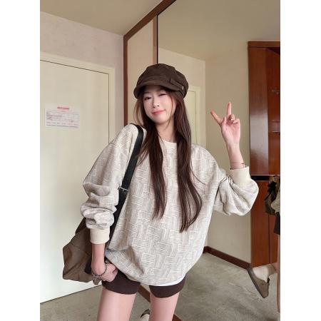 FA48244# 华夫格复合真超卫衣男女秋冬几何格子宽松圆领保暖上衣 服裝批發女裝批發服飾貨源