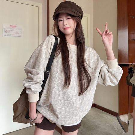 FA48244# 华夫格复合真超卫衣男女秋冬几何格子宽松圆领保暖上衣 服裝批發女裝批發服飾貨源