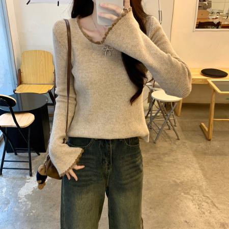 FA48246# 北极绒长袖上衣针织衫设计感潮韩版圆领打底衫女秋冬保暖毛衣 服裝批發女裝批發服飾貨源