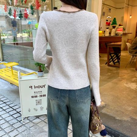 FA48246# 北极绒长袖上衣针织衫设计感潮韩版圆领打底衫女秋冬保暖毛衣 服裝批發女裝批發服飾貨源