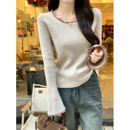 FA48246# 北极绒长袖上衣针织衫设计感潮韩版圆领打底衫女秋冬保暖毛衣 服裝批發女裝批發服飾貨源
