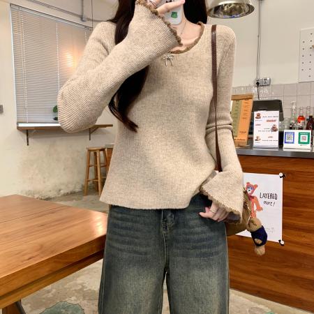 FA48246# 北极绒长袖上衣针织衫设计感潮韩版圆领打底衫女秋冬保暖毛衣 服裝批發女裝批發服飾貨源