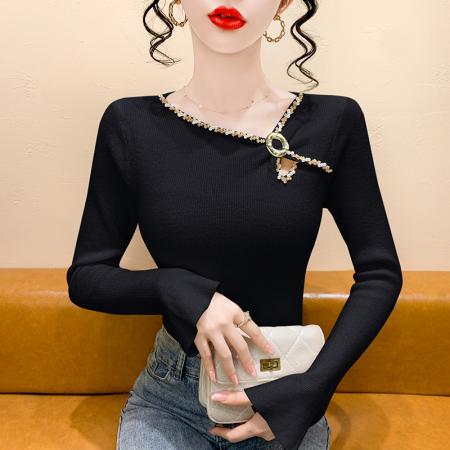 FA48249# 法式设计感斜领喇叭袖针织订珠女秋冬新款独特别致修身毛衣 服裝批發女裝批發服飾貨源