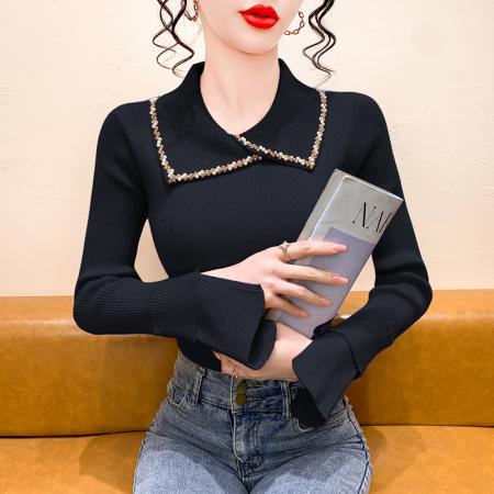 FA48250# 冬季新款洋气时尚设计感翻领订珠修身显瘦针织长袖女装上衣潮 服裝批發女裝批發服飾貨源