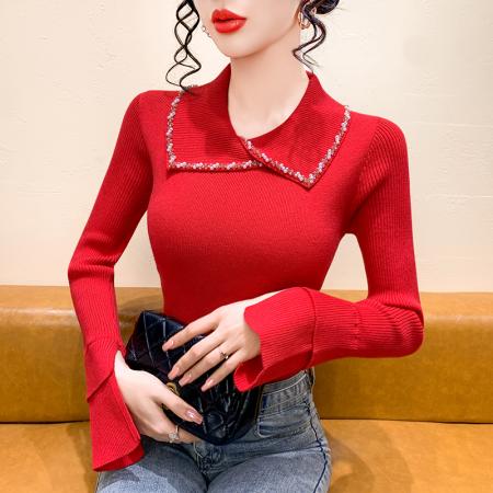 FA48250# 冬季新款洋气时尚设计感翻领订珠修身显瘦针织长袖女装上衣潮 服裝批發女裝批發服飾貨源