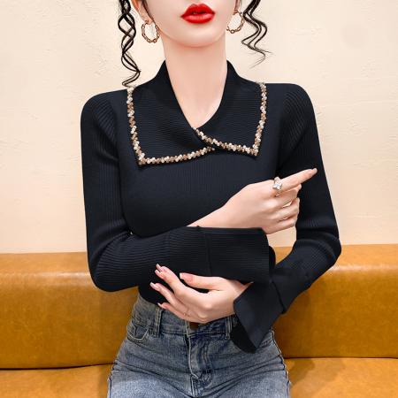 FA48250# 冬季新款洋气时尚设计感翻领订珠修身显瘦针织长袖女装上衣潮 服裝批發女裝批發服飾貨源