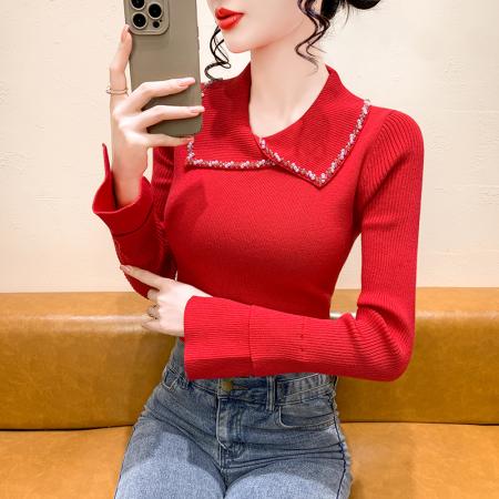 FA48250# 冬季新款洋气时尚设计感翻领订珠修身显瘦针织长袖女装上衣潮 服裝批發女裝批發服飾貨源