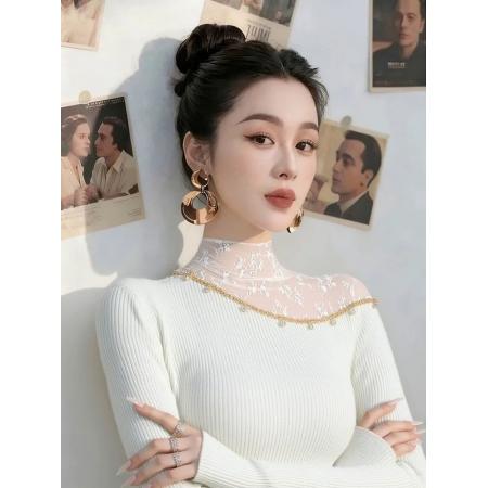 FA48251# 秋冬款网纱拼接半高领针织打底衫女内搭设计感纯欲甜辣妹上衣 服裝批發女裝批發服飾貨源