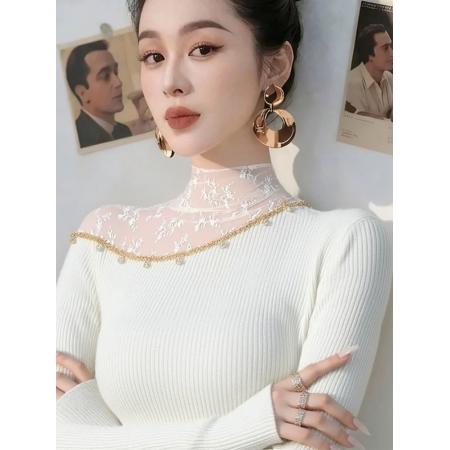 FA48251# 秋冬款网纱拼接半高领针织打底衫女内搭设计感纯欲甜辣妹上衣 服裝批發女裝批發服飾貨源