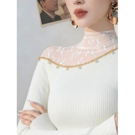 FA48251# 秋冬款网纱拼接半高领针织打底衫女内搭设计感纯欲甜辣妹上衣 服裝批發女裝批發服飾貨源