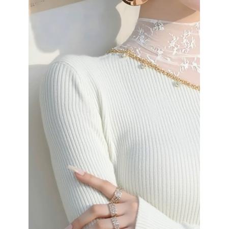 FA48251# 秋冬款网纱拼接半高领针织打底衫女内搭设计感纯欲甜辣妹上衣 服裝批發女裝批發服飾貨源