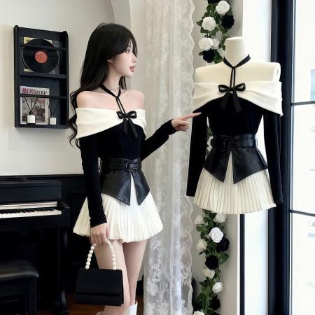 FA48252# 法式千金风性感钻扣镂空挂脖一字肩长袖T恤上衣百褶半身裙两件套 服裝批發女裝批發服飾貨源