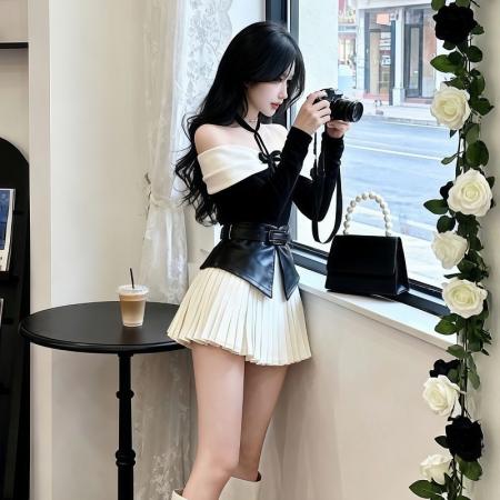 FA48252# 法式千金风性感钻扣镂空挂脖一字肩长袖T恤上衣百褶半身裙两件套 服裝批發女裝批發服飾貨源