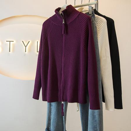 FA48253# 大码女装秋冬新款韩系高级感气质纯色双拉链针织衫外套上衣 服裝批發女裝批發服飾貨源