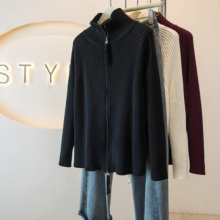 FA48253# 大码女装秋冬新款韩系高级感气质纯色双拉链针织衫外套上衣 服裝批發女裝批發服飾貨源